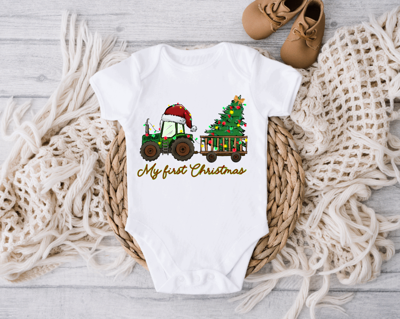 AvaryMaeInspirations - Wholesale Bodysuit (Non-Footed) - Baby - My First Christmas Christmas Onesie, Tractor and Tree Farm1