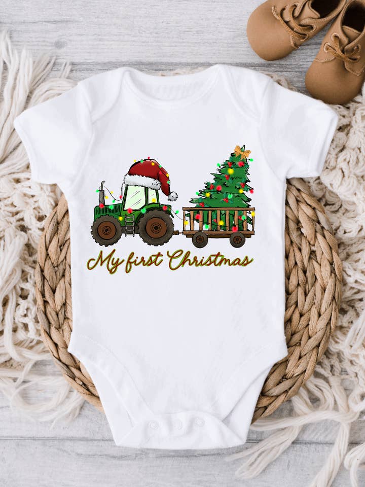 AvaryMaeInspirations - Wholesale Bodysuit (Non-Footed) - Baby - My First Christmas Christmas Onesie, Tractor and Tree Farm1