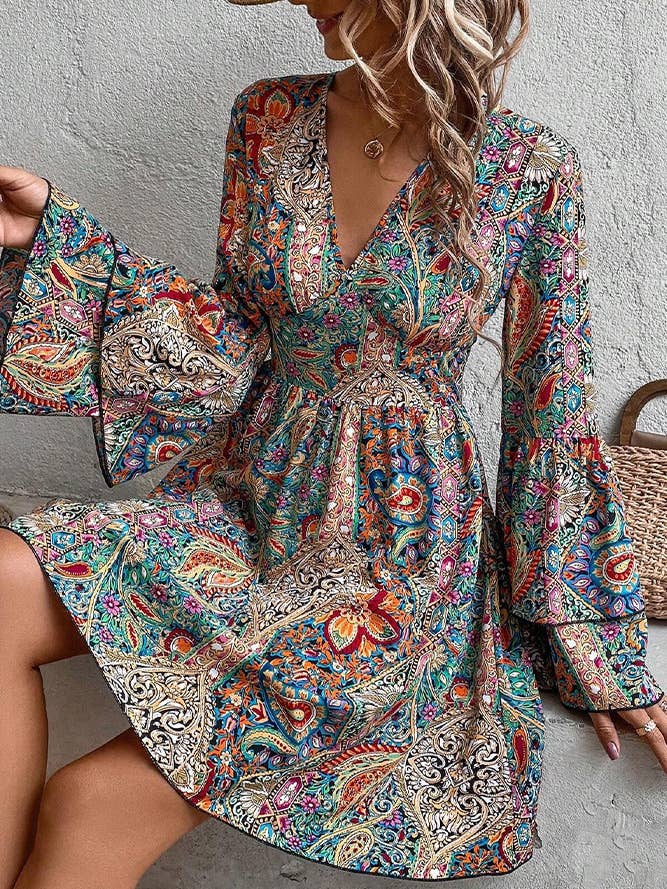 Multi Floral Printed Flare Sleeves V Neck Dress for wholesale on Faire