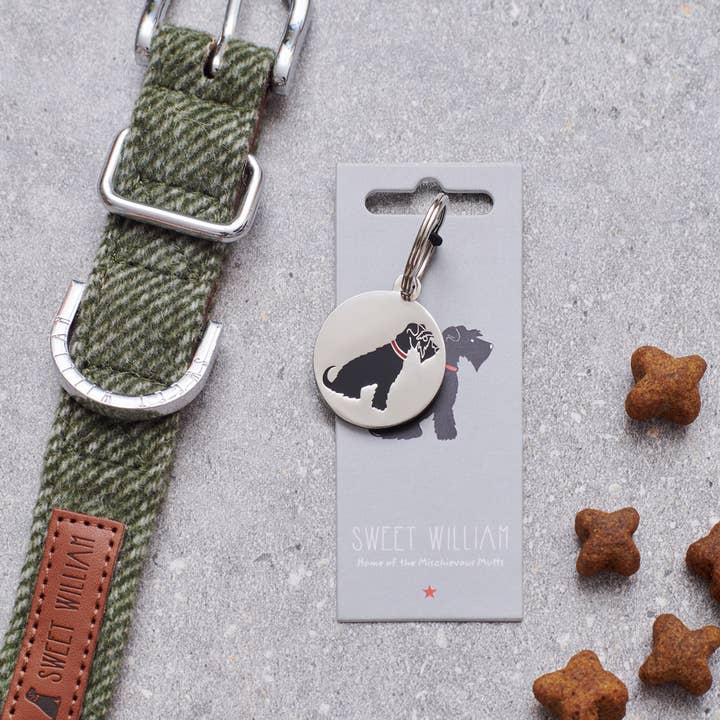 Targhetta identificativa per cani con nome di razza Schnauzer (nera) per la vendita all'ingrosso da parte di Sweet William Designs