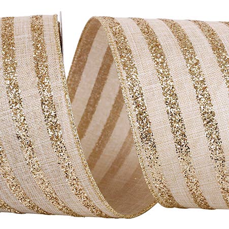 Glitter Stripes Linen Wired Edge,/gold, 4 In, 10 Yards for wholesale by RELIANT RIBBON