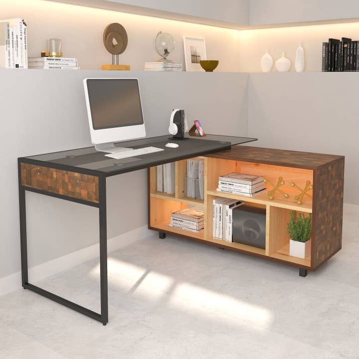 Oak L-Shape Corner Desk with Multiple Storage for wholesale on Faire1