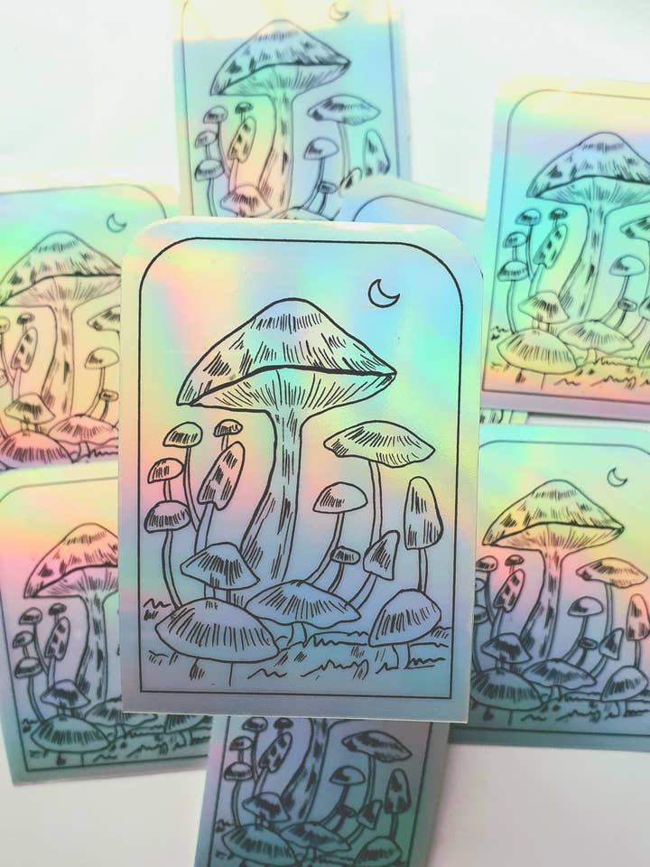 Holographic mushroom sticker for wholesale by Fizah Afzal