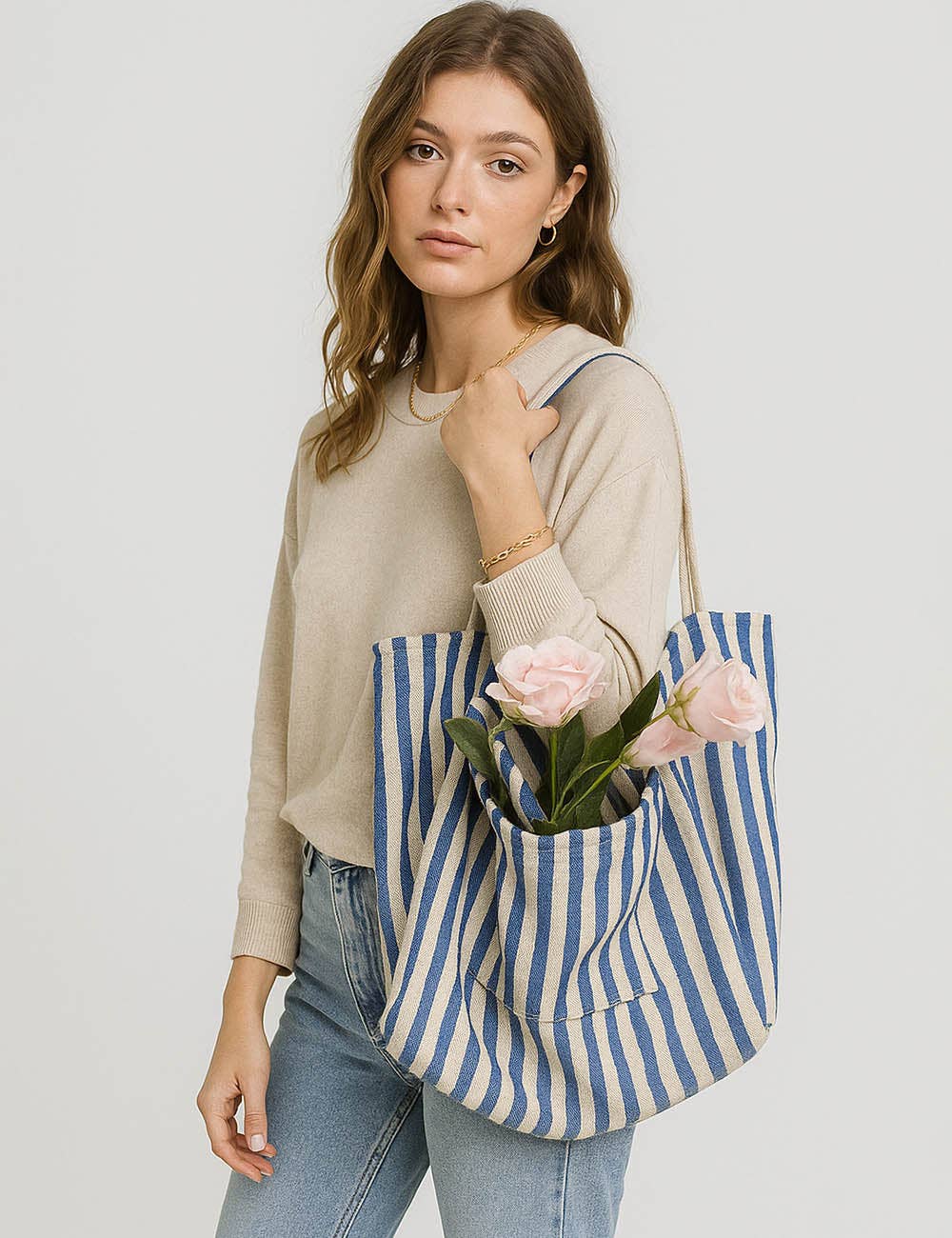 Sweetkama - Wholesale Tote Bag - Women's - Ladies Striped Double Pocket Large Capacity Canvas Tote Bag6