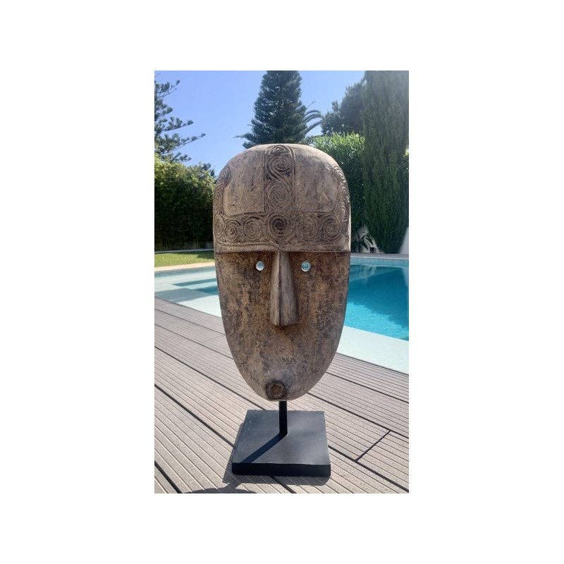 Paloma Black (Casa Natura Design, S.L.) - Wholesale Sculpture - Large Heavy & Solid Wooden Hand Carved Mask On Stand With10