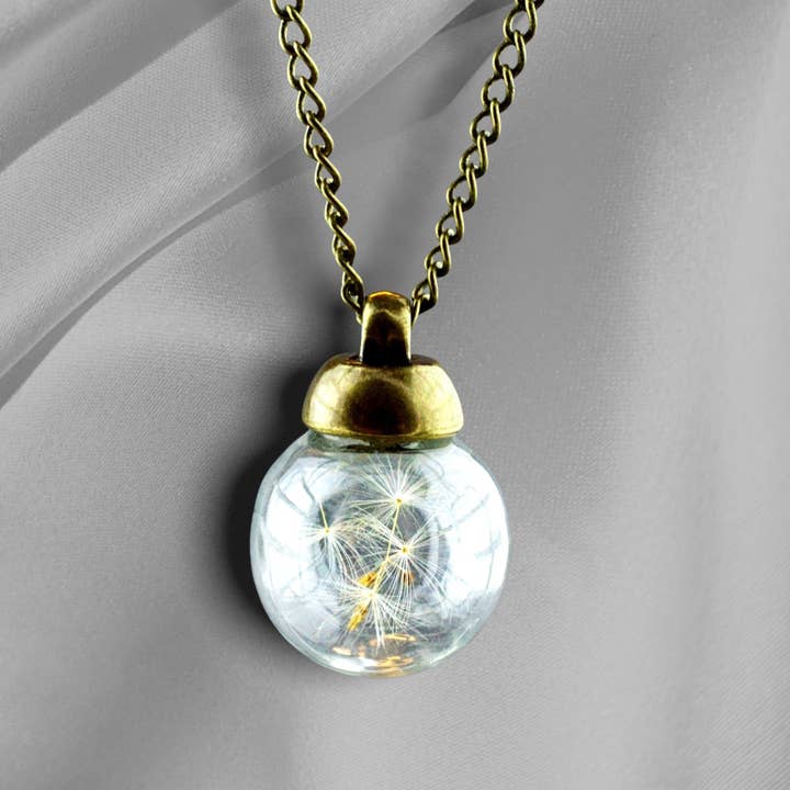 Dandelions Seed Pendant Necklace - Bronze Dried Blossoms Botany Minimalist Chain Plants Blossoms Terrarium Romantic Natural Jewelry - VIK-22 for wholesale by MadamLili