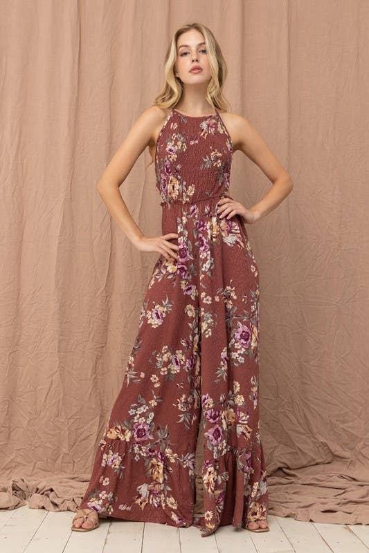 Wine Jacquard Wide Leg Halter Jumpsuit for wholesale on Faire