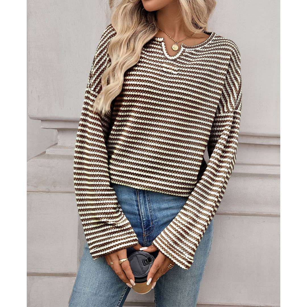 UNISHE - Wholesale Blouse - Women's - Striped Waffle Knit Long Sleeve Top MD2377