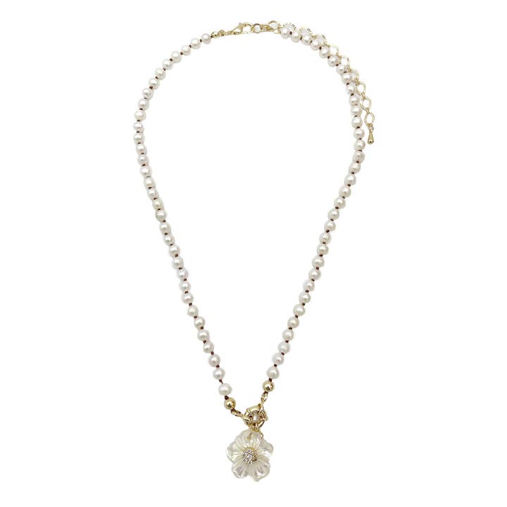 Shining White Flower Pearl and Gold Necklace for wholesale by Retro Forever