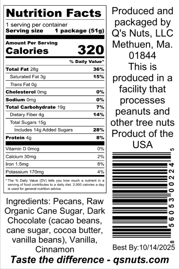 Q's Nuts, LLC - Wholesale Chocolate - 1.8 oz Mexican Chocolate Pecan1