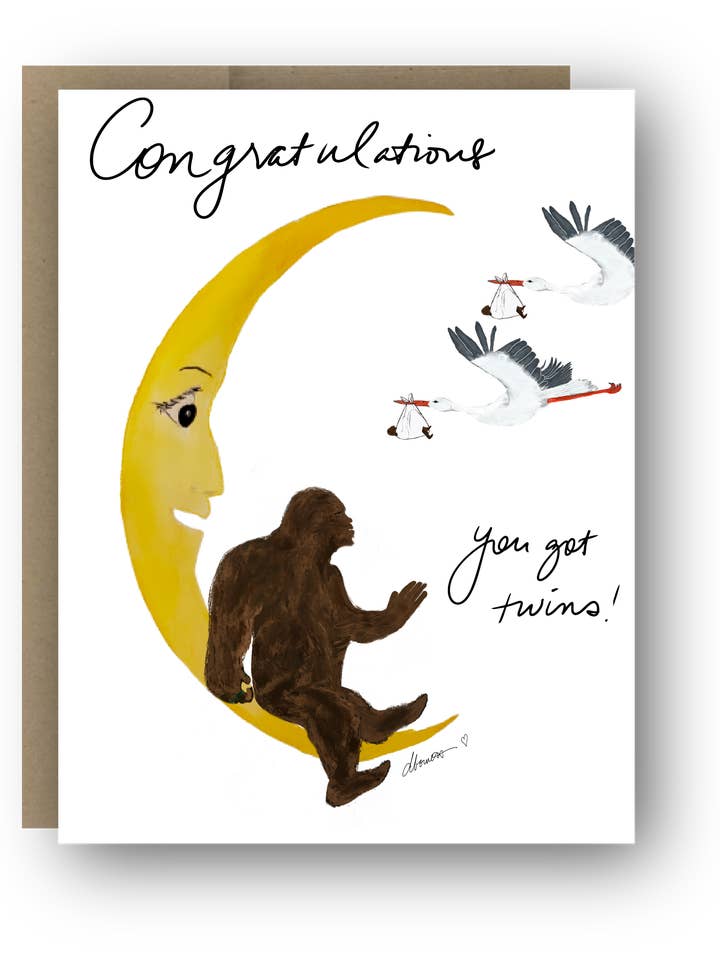 Cartão de Parabéns para Gémeos – Pé Grande na Lua Crescente com Duas Cegonhas Voando – Cartão de Felicitações por Ter Gémeos por atacado de Color Crumbs Club