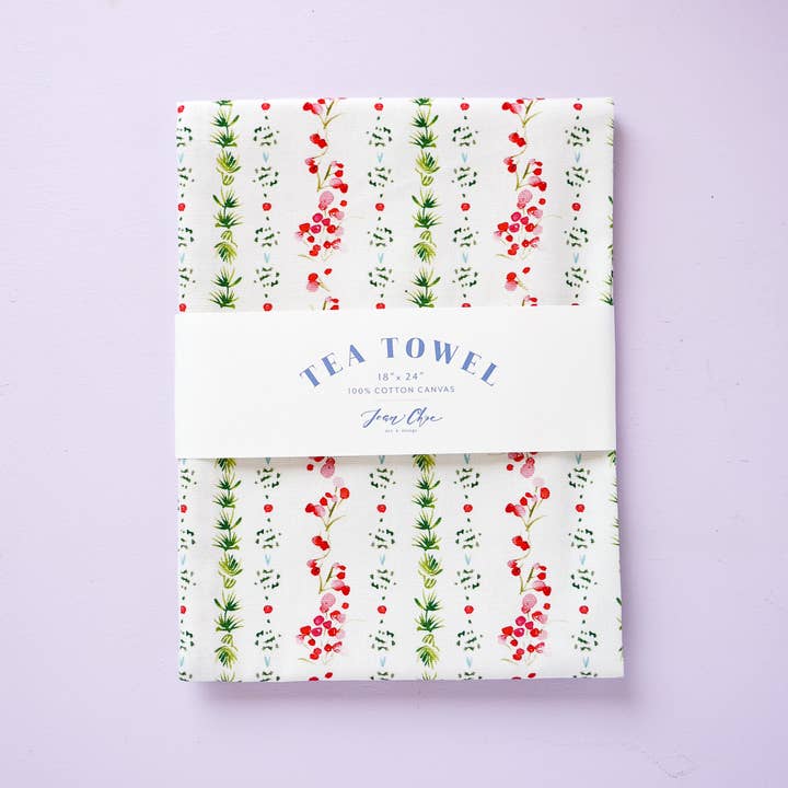 Holiday Dainty Floral Tea Towel. Christmas Kitchen Towel for wholesale by Jean Choe Art & Design