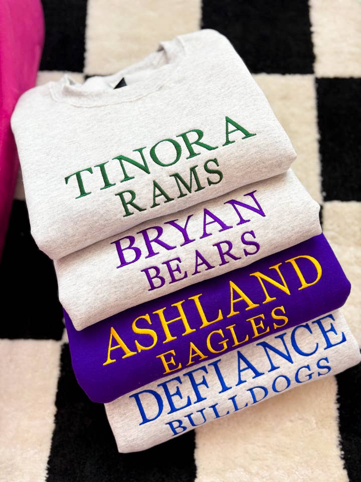 Custom Team Name Embroidered Crewneck | Block Font Mascot for wholesale by Graphic Tees & Co.