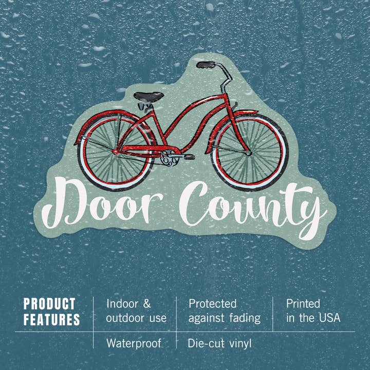 Lantern Press - Wholesale Sticker - Vinyl Sticker Door County, Wisconsin, Beach Cruiser Bike