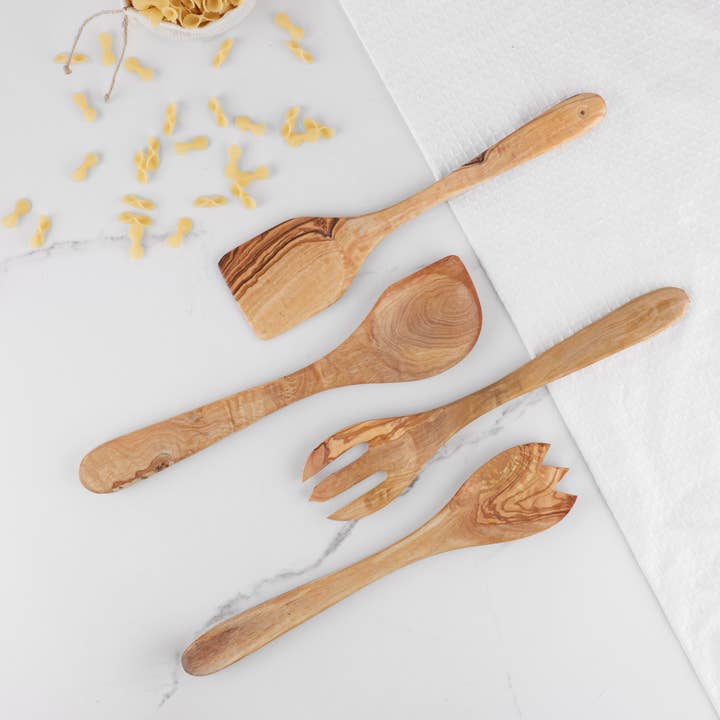 Krafts GmbH Olive Wood - Vente Assortiment d'ustensiles de cuisine - Set de 5 ustensiles de cuisine en bois d'olivier avec support4