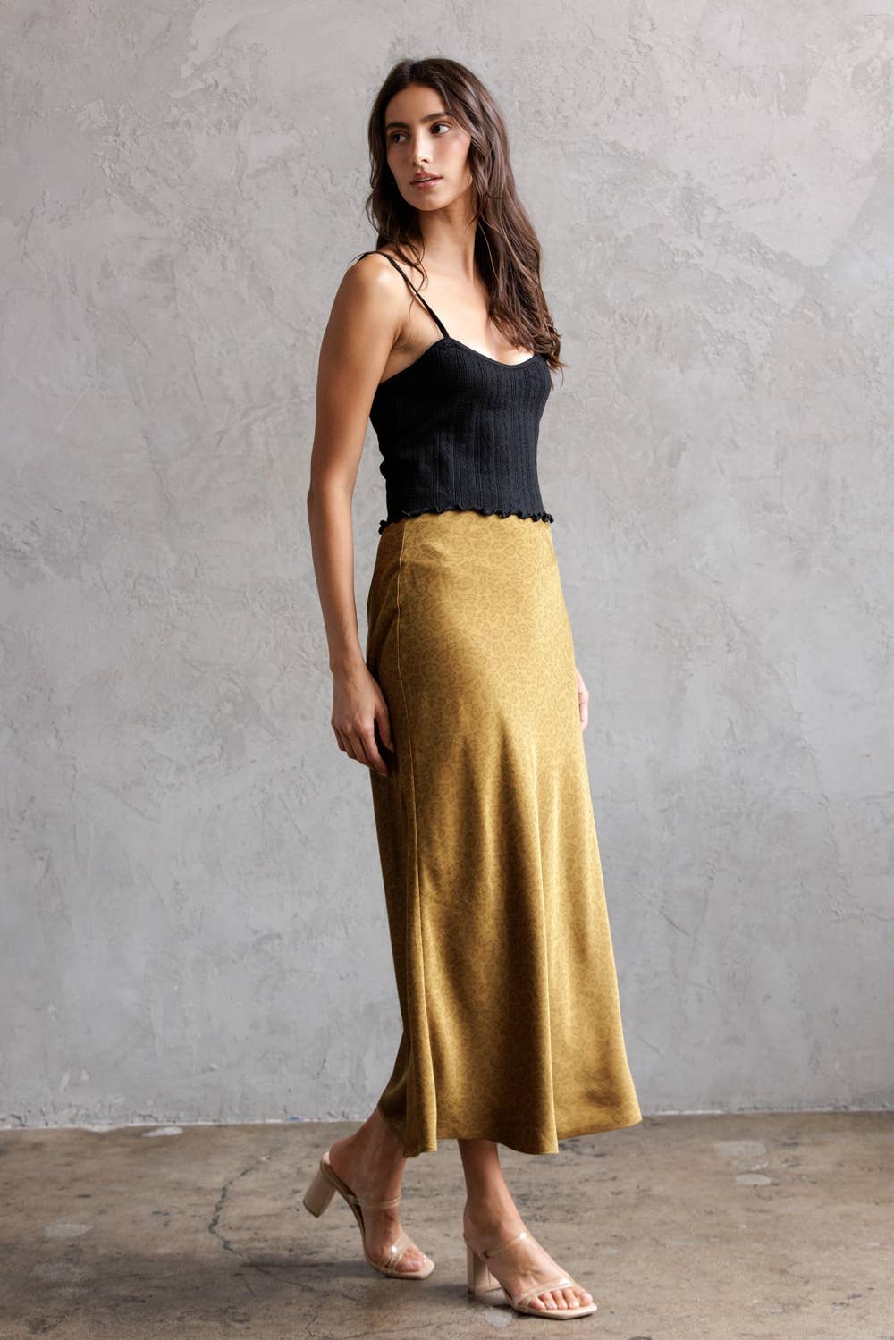 DARK MUSTARD JS5578-9-LEOPARD SATIN JACQUARD MIDI SKIRT for wholesale on Faire7
