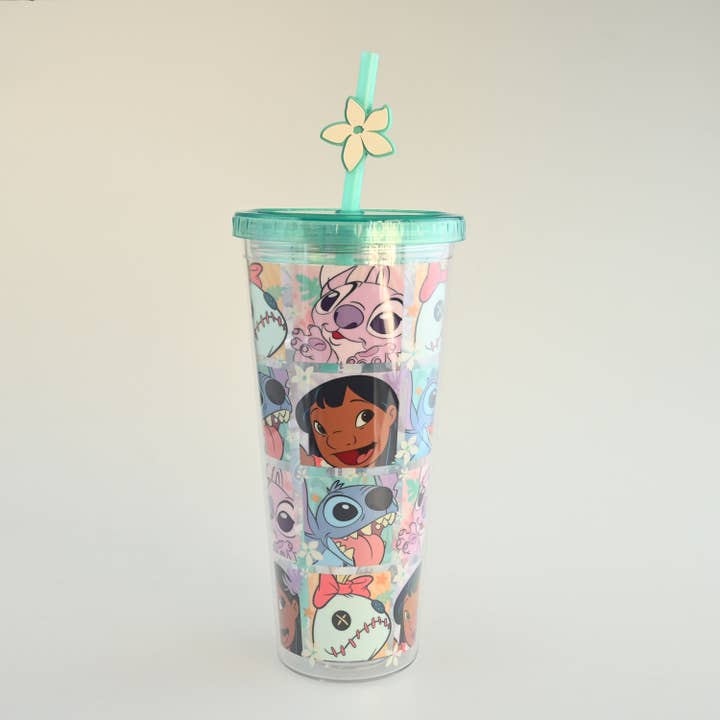 Silver Buffalo - Wholesale Drinking Glass/Cup - Lilo and Stitch Floral Character Grid 24oz Plastic Cold Cup