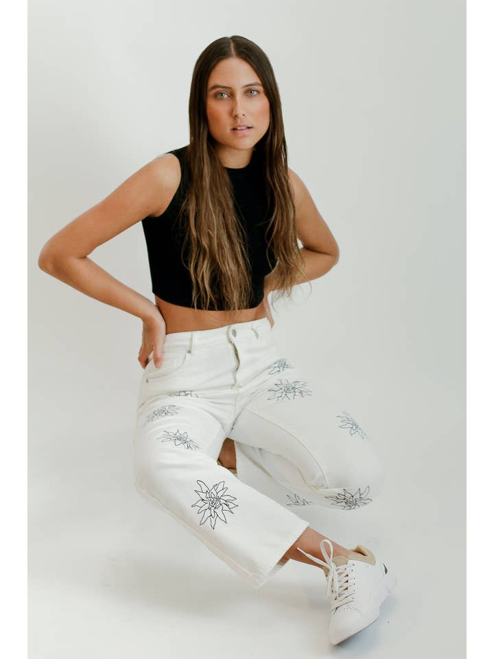 Alesia Designs - Wholesale Jeans - Women's - White Embroidery Wide Leg Jean3