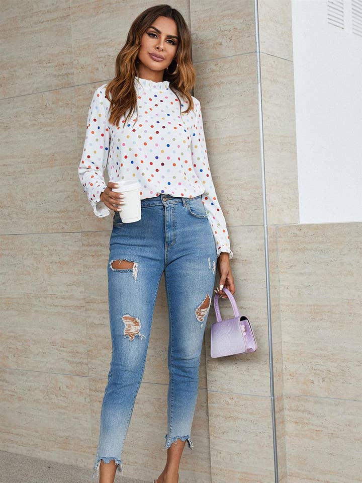 Polka Dot Print Frill Detail Hög hals Topp I Vit för wholesale av FS Collection