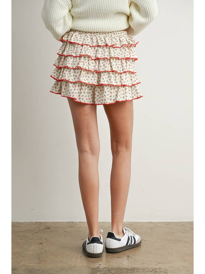 IVORY RED Cherry Print Layered Ruffled Tie-Front Mini Skort - BMP7832 for wholesale on Faire