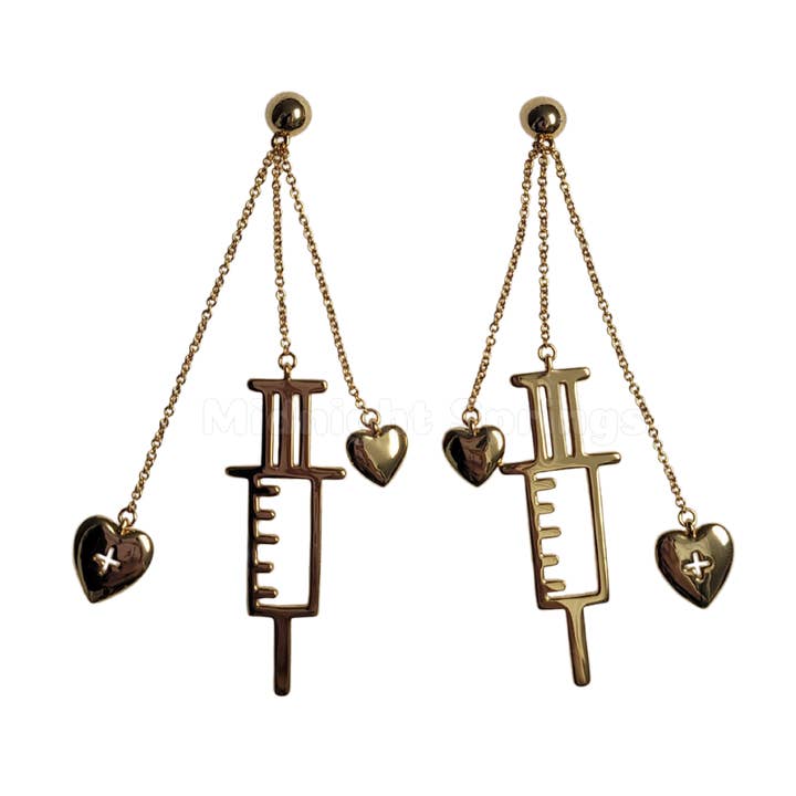 Midnight Springs - Wholesale Dangle Earrings - Syringe Shaped Dangle Earrings 18k Gold Plating