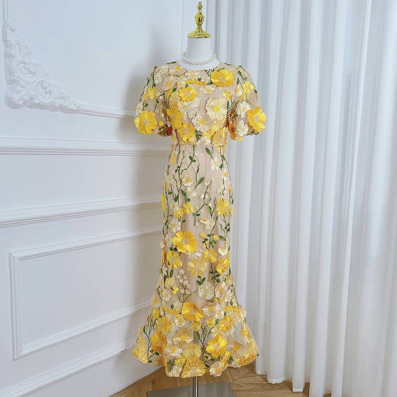 Sanyao Fashion - Wholesale Dress - Women's - SY474 3D Floral Embroidered Puff Sleeve Fishtail Skirt5