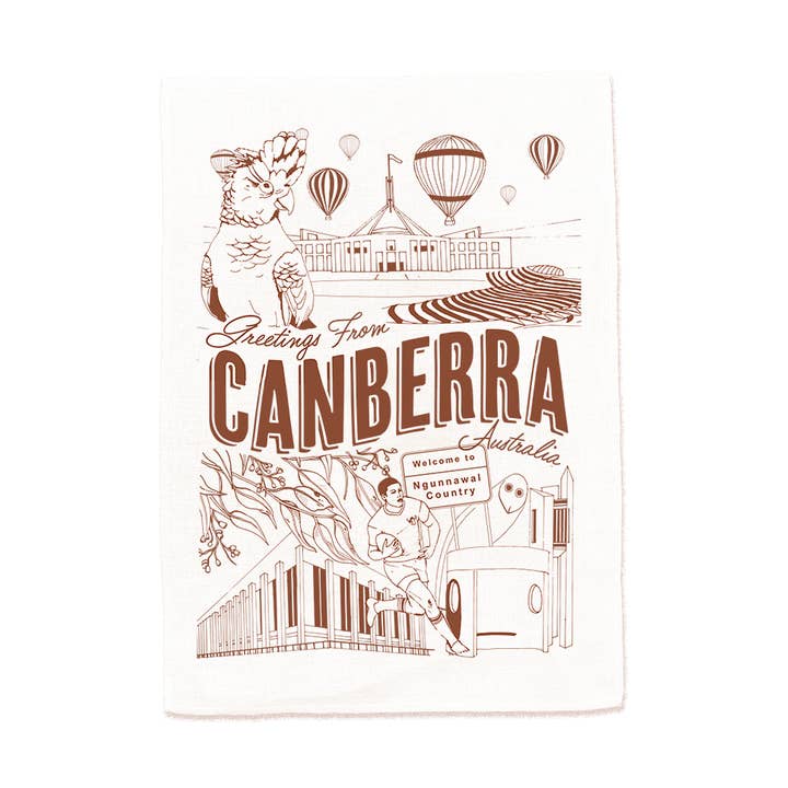 Torchon en coton imprimé Greetings from Canberra pour la vente par Happy Day People