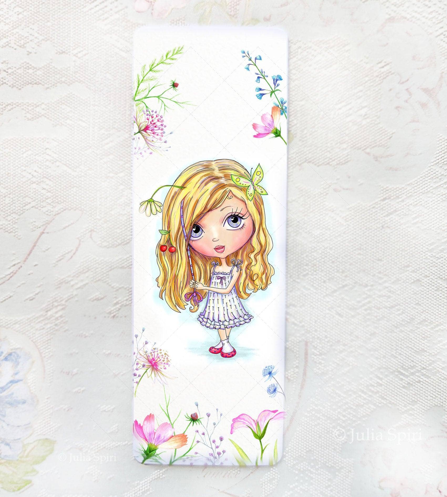 Julia Spiri - Wholesale Bookmark - Marcador para libros. Criaturas caprichosas. Chica con pañuelo en el pelo.