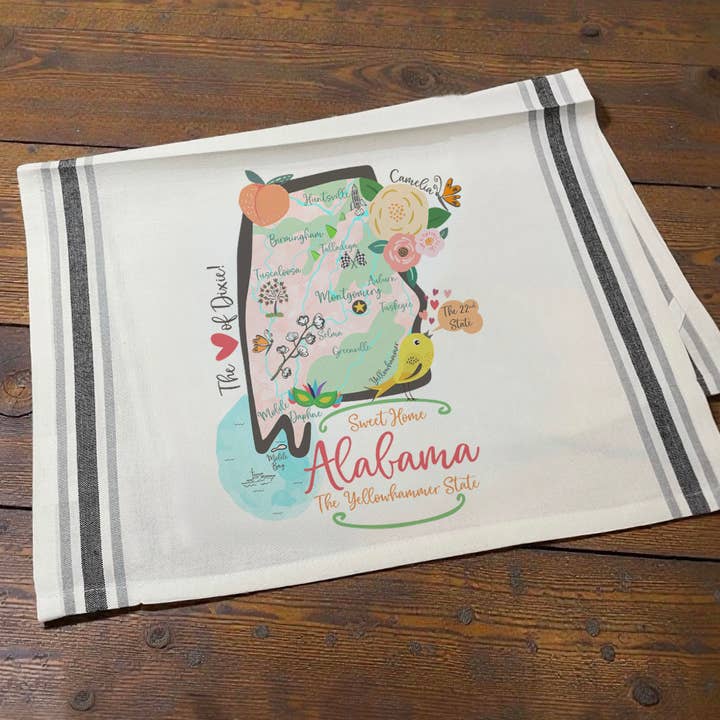 Alabama Illustrated Map Striped Cotton Kitchen Tea Towel for wholesale by Gooseberry Designs