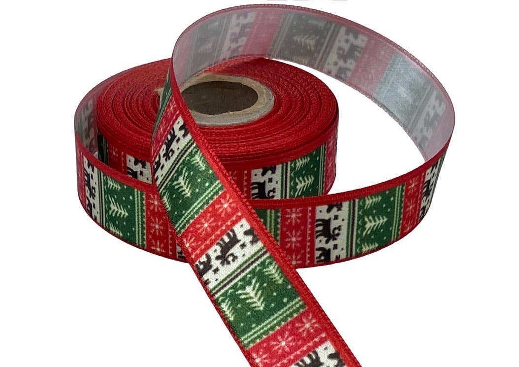 Grandbazaar24 - Wholesale Ribbon - Gift Wrapping - Festive Nordic/Fair Isle Printed Satin Ribbon – Reindeer & 2