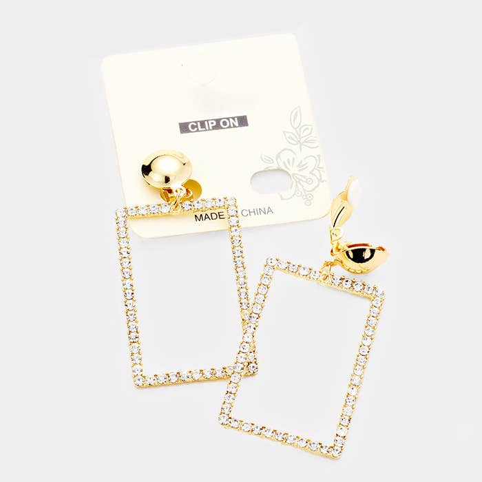 Sensibling Corp. - Wholesale Clip-On Earrings - 12Pairs - Rhinestone Rectangle Link Dangle Clip on Earrings