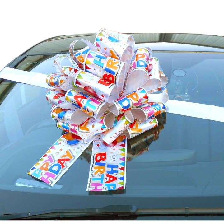 5 x Car Bows & White Ribbon - (42cm) BIRTHDAY for wholesale by Candi Gifts
