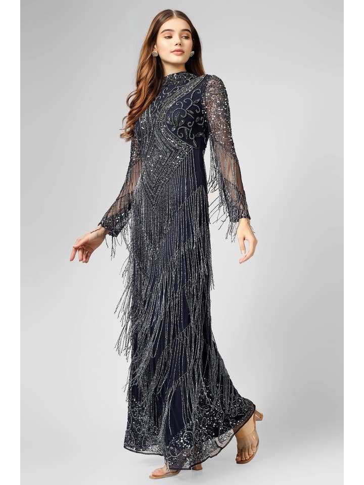 Lissy Navy Blue Fringe Maxi Dress for wholesale on Faire