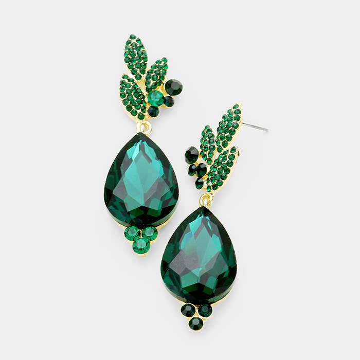 Rhinestone Pave Leaf Crystal Teardrop Evening Earrings for wholesale by Sensibling Corp.