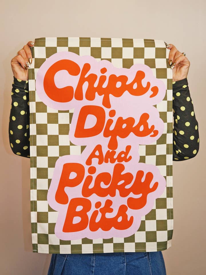 Chips, Dips & Picky Bits Tea Towel for wholesale by Printed Weird