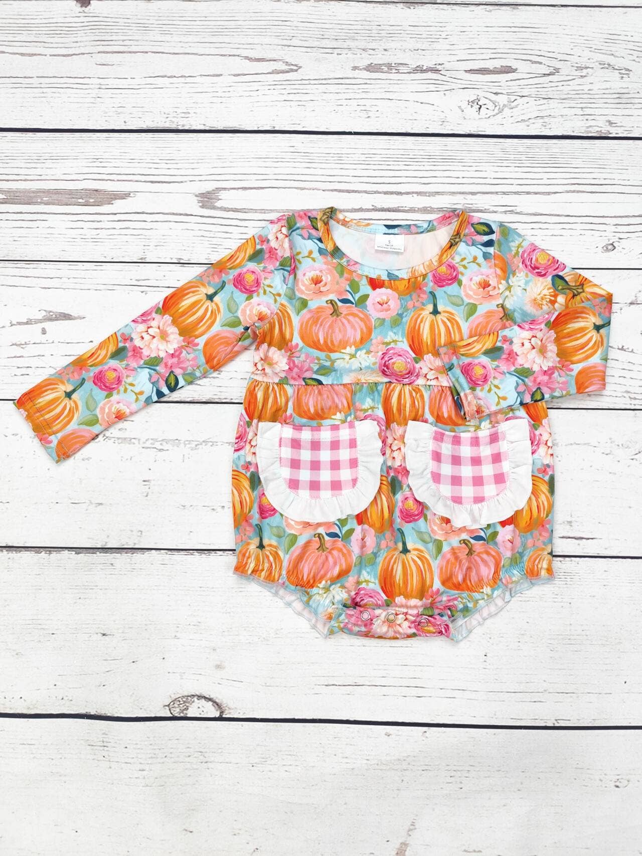 sassy kids palace - Wholesale Bodysuit (Non-Footed) - Baby - Baby Flower Pumpkin Bubble With Checkered Pockets0