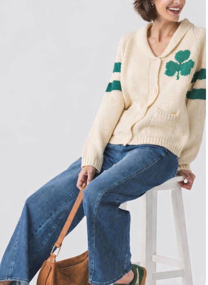 Pink Pineapple - Wholesale Cardigan - Women's - Irish Varsity Cardigan In Ivory Green Stripes2