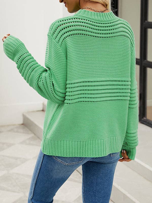 VividLux - Wholesale Knit Sweater - Women's - Long Sleeves Loose Hollow Solid Color Round-Neck Knitwear Pullovers Sweater Tops13