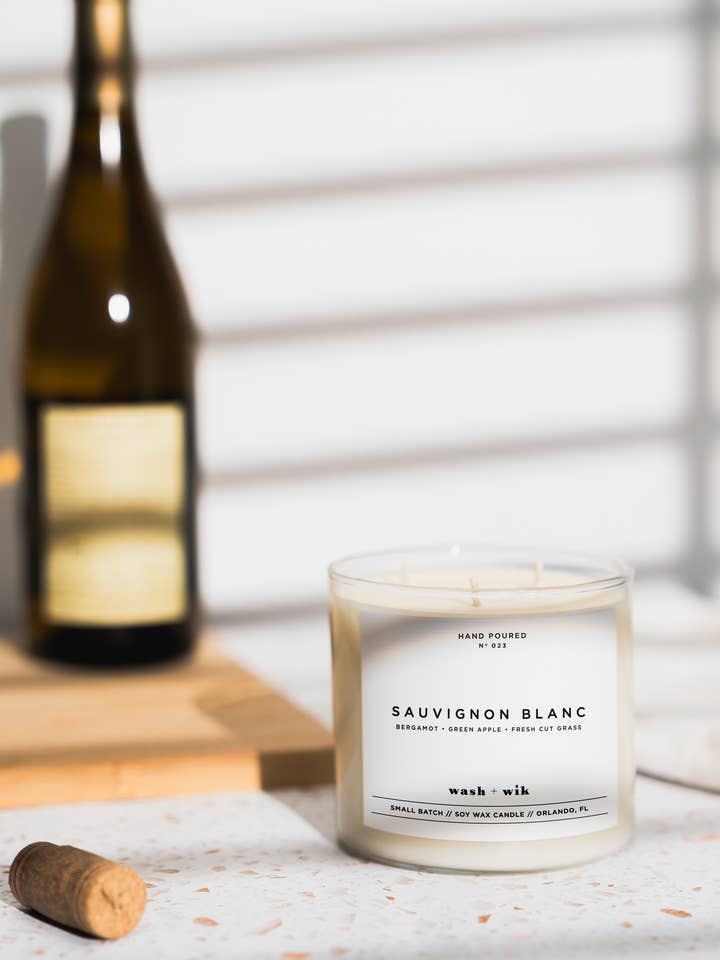 Sauvignon Blanc Scented Soy Wax Candle | Wine Candle -3 Wick for wholesale by Wash and Wik