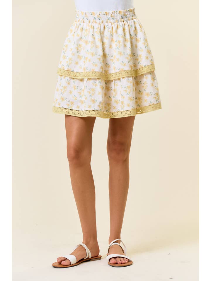 Doe and Rae – Saia - Mulher por atacado – Saia Mini de Renda em Camadas com Estampa Floral Puff - 6551S5