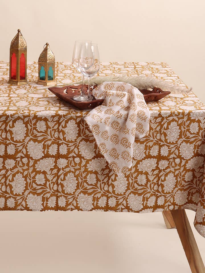 Block Printed Brown Floral Cotton Tablecloth - Rectangular for wholesale by Artsy Home