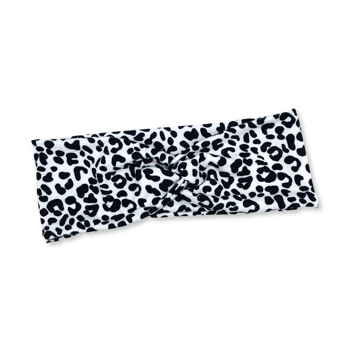 Geknoopte hoofdband met witte luipaardprint voor wholesale door The Happy Headband Co