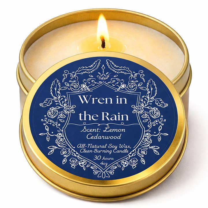 Wren in the Rain Lemon Cedarwood Travel Tin Candle - 4oz for wholesale by Feather & Flame Inc