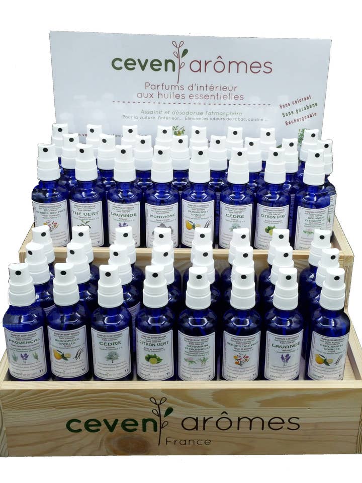 Pack de 54 vaporizadores de perfume de interior 50ml - vidro azul por atacado de Céven'Arômes