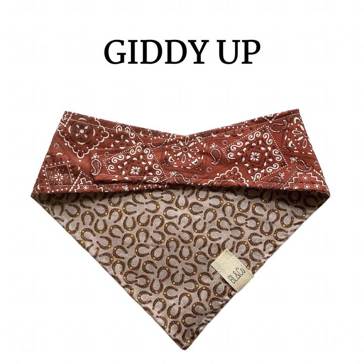 Horseshoes & Burgundy Western Print Reversible Tie/On Bandana for wholesale by Bearded Ladies & Co
