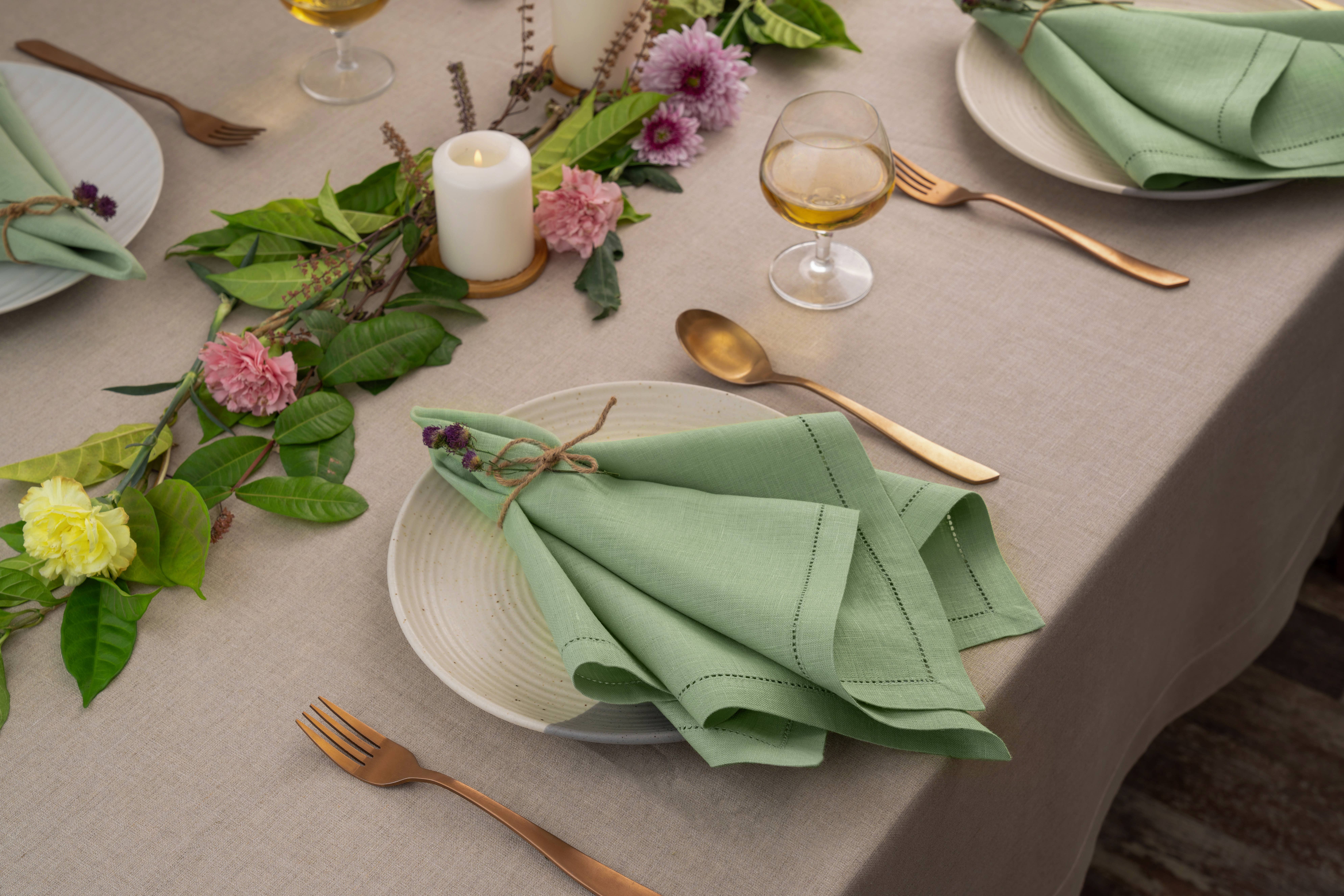 D'Moksha – wholesale Dinner & cloth napkin – Sage Green Linen Napkins 20 x 20 Inch - Hemstitch2