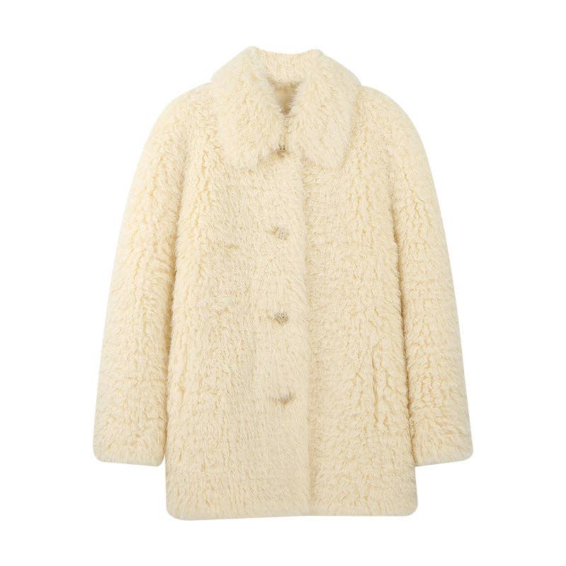 Beige Fuskinn Shearling-kappa Mysig Chic Stil för wholesale på Faire2