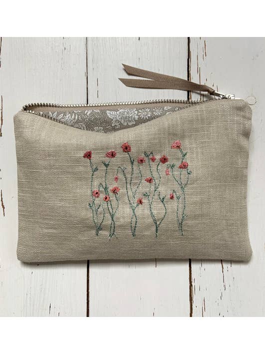 Poppy Meadow Embroidered Linen Pouch for wholesale by Sarah Becvar Design