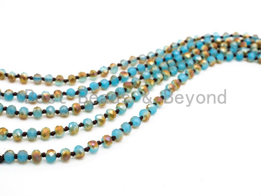 BestBeads&Beyond - Wholesale Beaded/Pearl Necklace - 60"/36" Long Hand Knotted Blue Gold Color Crystal Necklace, Double Wrap Necklace, Turquoise Color 4mm/8mm Rondelle Crystal Beads, SKU#D193