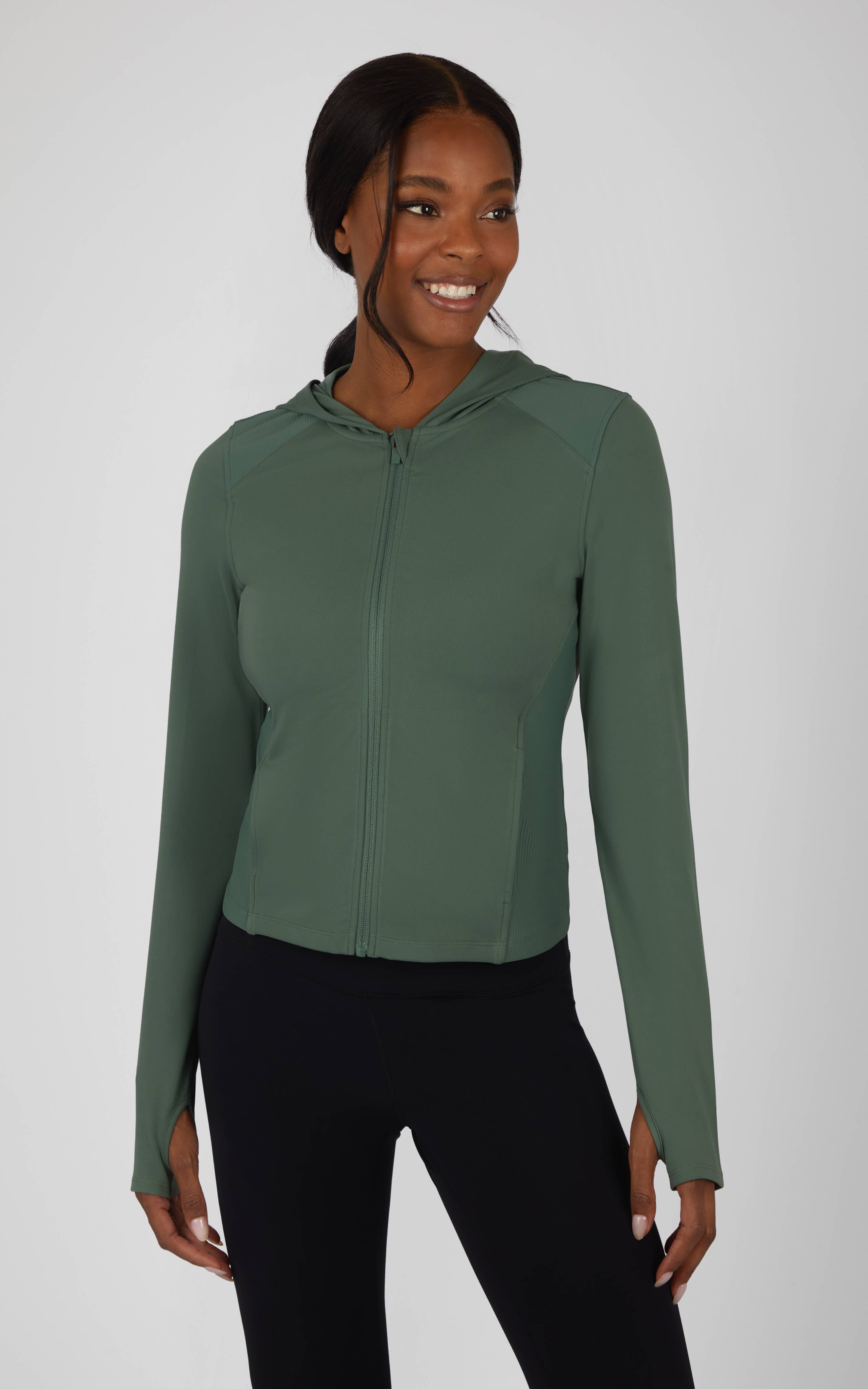 90 Degree by Reflex & Yogalicious - Venta al por mayor Chaqueta deportiva - Mujer - Chaqueta con capucha y cremallera completa Lux para mujer con paneles de canalé5